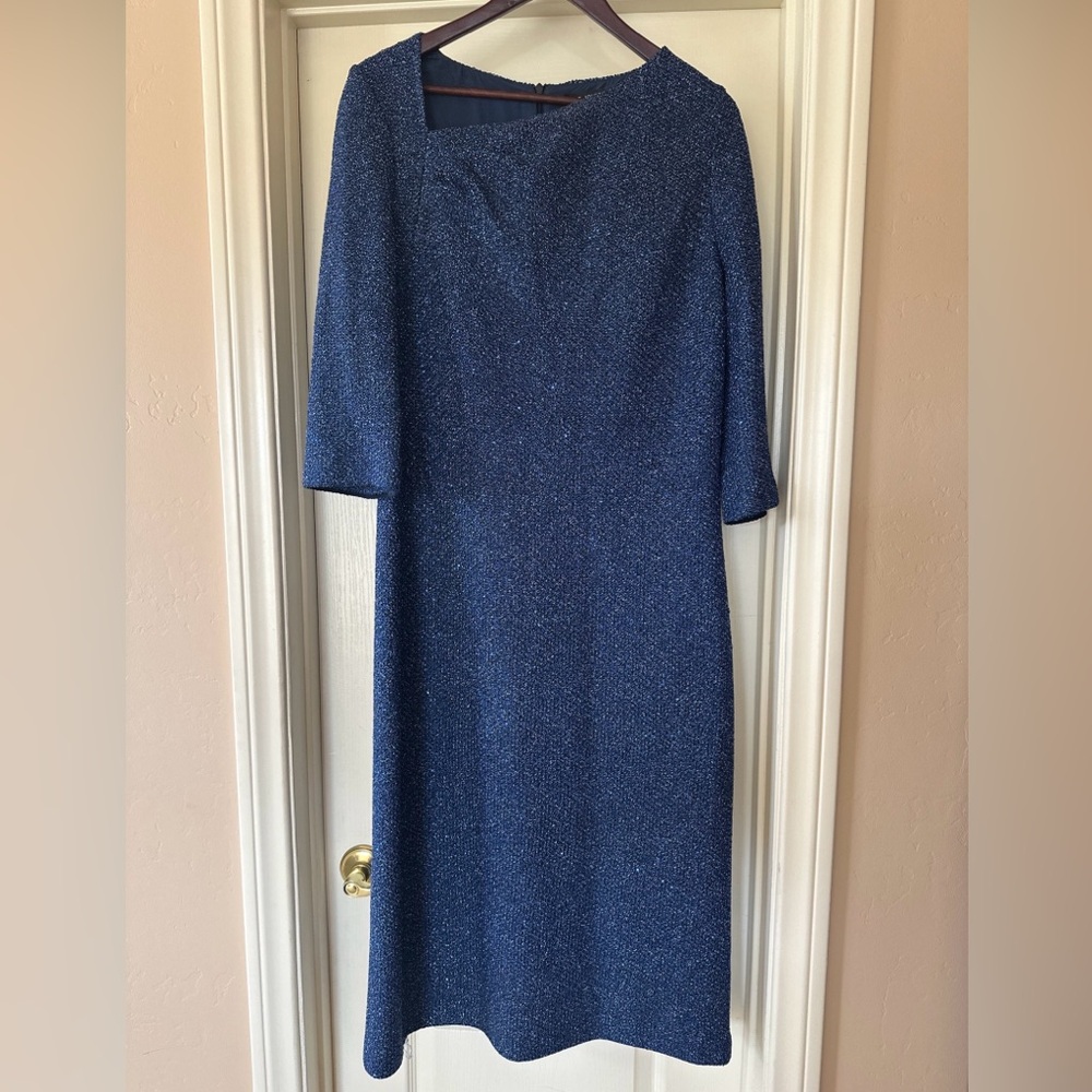 St John Blue Metallic Shimmer Knit Dress. Size 12. Preowned